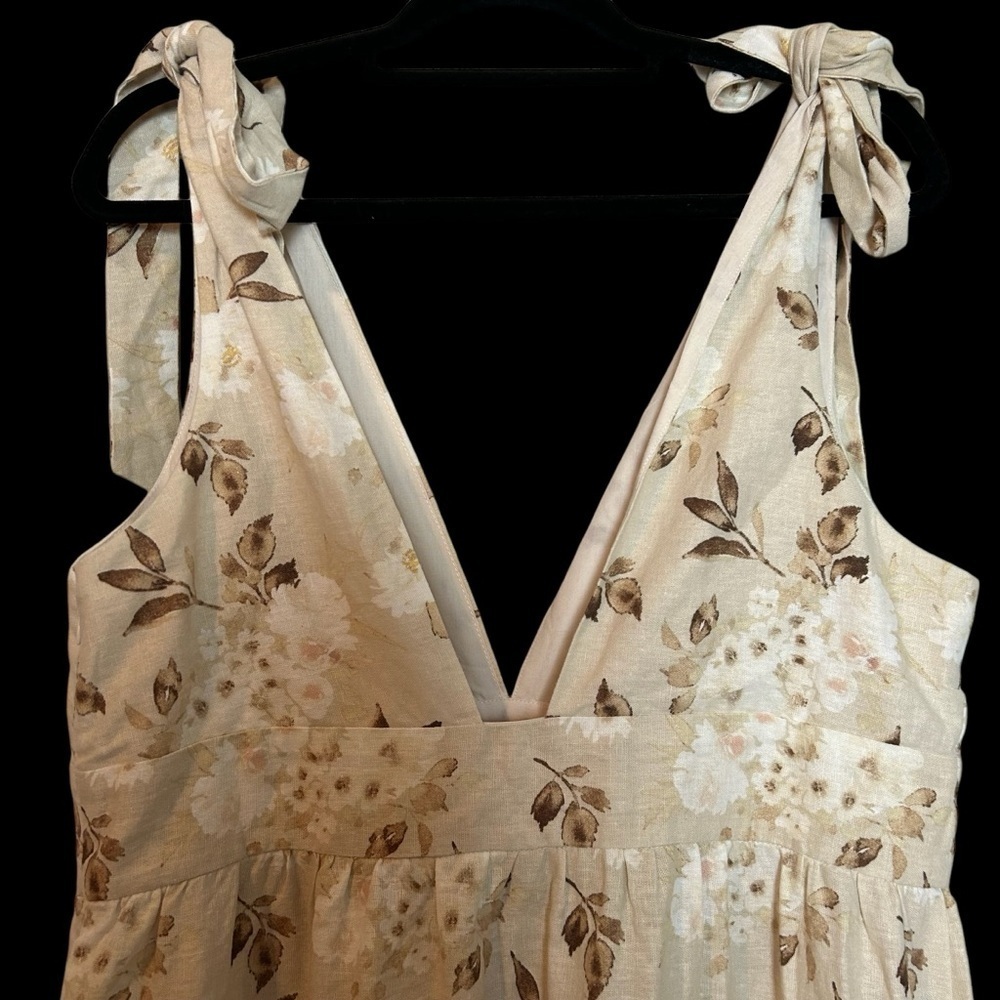House of Harlow 1960 Cream and Brown Floral & Leaf Tiered Linen Blend Maxi Dress - Picture 11 of 16